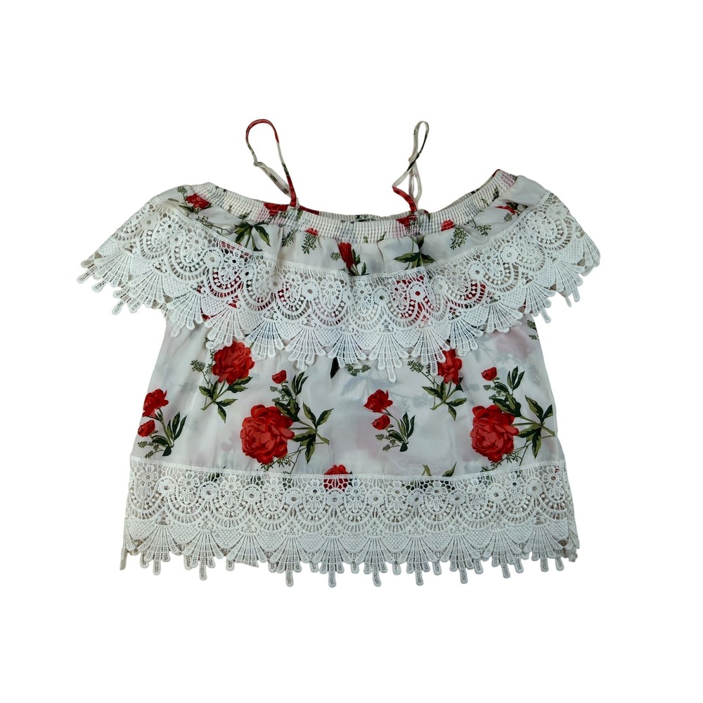 Cottagecore Floral Cold Shoulder Crochet Lace Trim Top XL No Boundaries